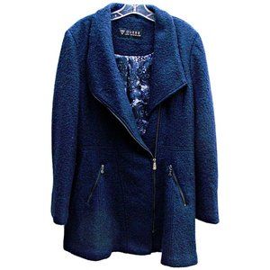Guess Wool Blend Peacoat Jacket Flare Waist Long Length Zipper Cuffs Navy Blue